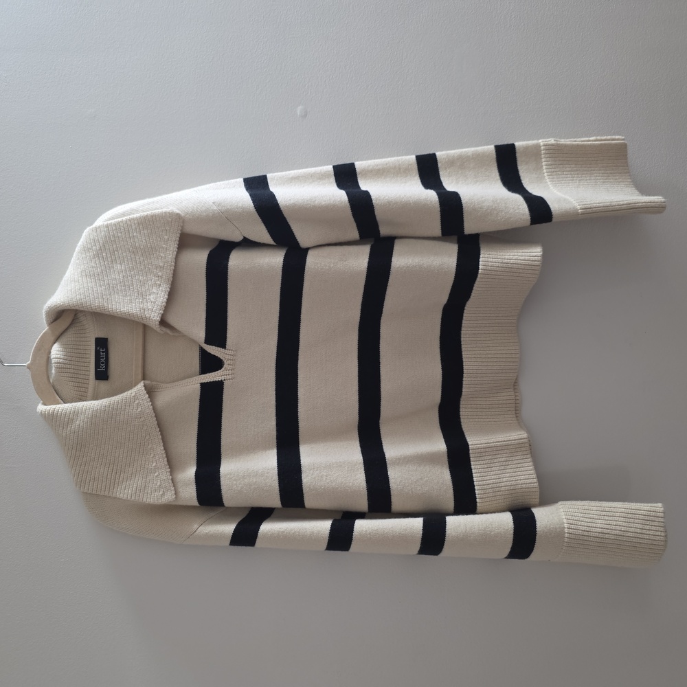Beaufille Cream and Black Striped V-Neck Sweater